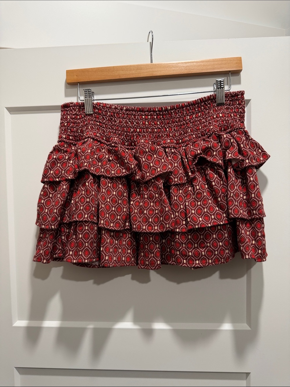 H&M Red Patterned Tiered Ruffle Mini Skirt